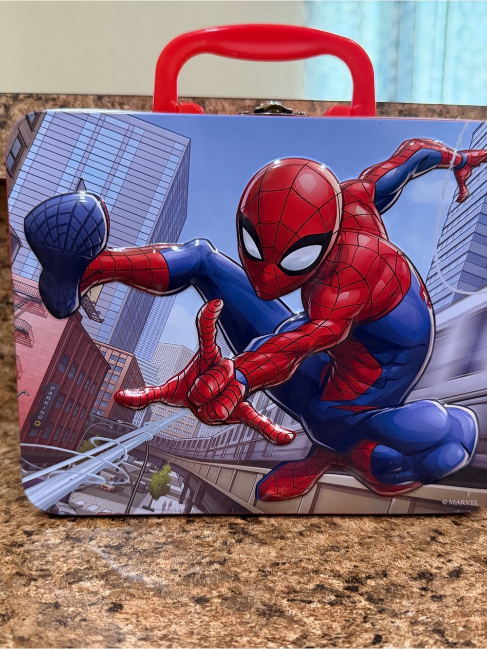 Marvel Spider-Man Metal Lunchbox with Red Handle and Blue Art